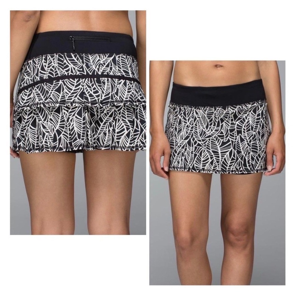 Lululemon Pace Rival Skirt 8 Black White Leaf Print Tiered Running Tennis Skort